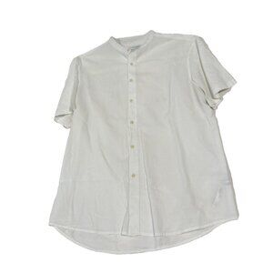 Zara Mens White 100% Cotton Mandarin Collar Shirt Size L Short Sleeve Dress Shrt